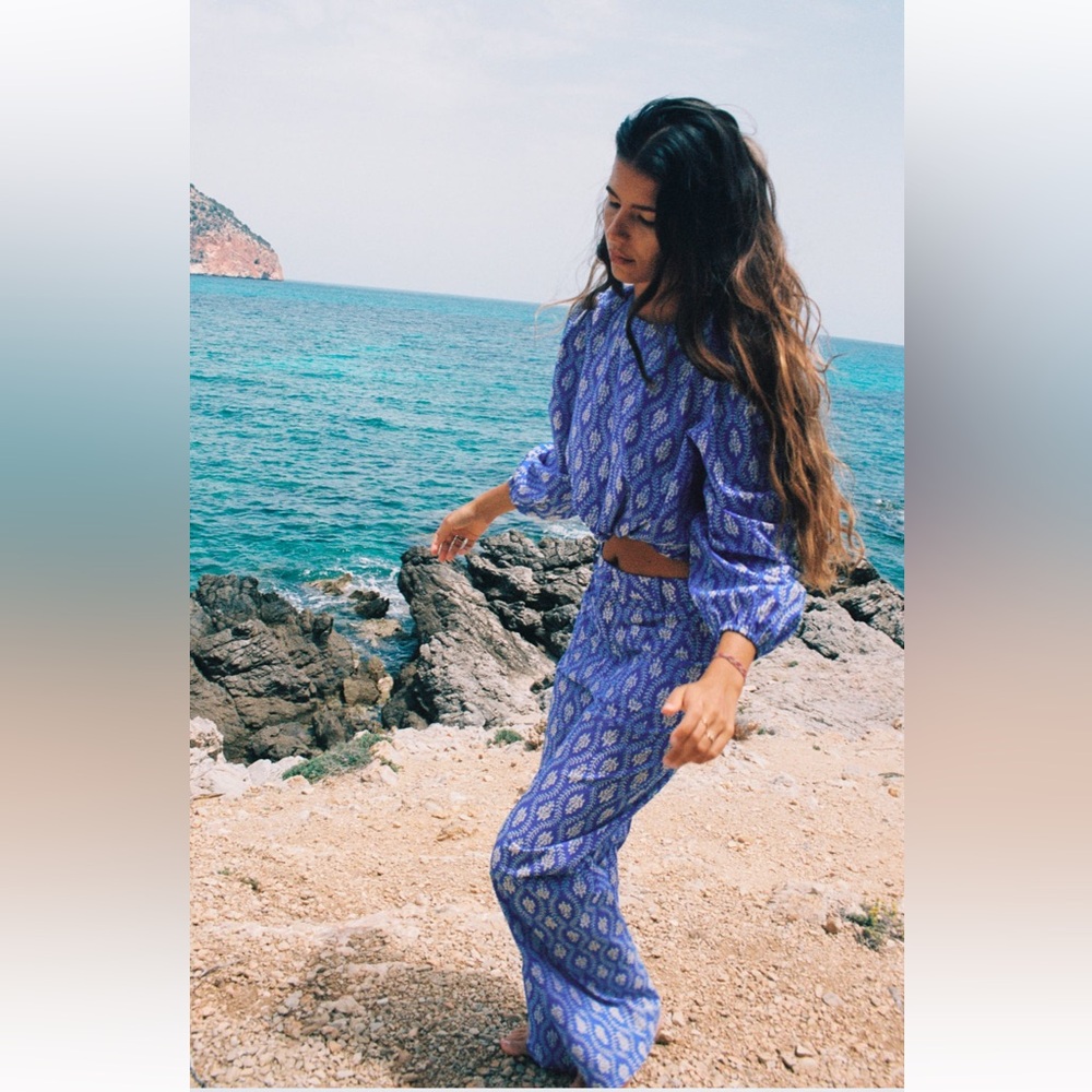 Zara Blue Printed Blouse and Pants SET